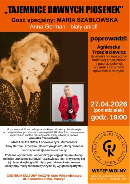 Raszyn (pow. pruszkowski) Wydarzenie Inne wydarzenie Wykład RUTW: „TAJEMNICE DAWNYCH PIOSENEK” ANNA GERMAN- BIAŁY ANIOŁ